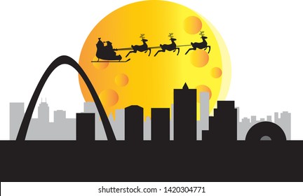 Santa Claus flying over City of Saint Louis skyline in Missouri United States