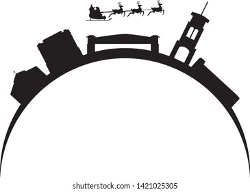 Santa Claus flying over city skyline of Bakersfield in United States