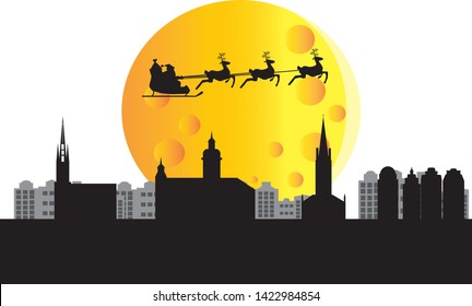 santa claus flying over city skyline of stockholm in sweden