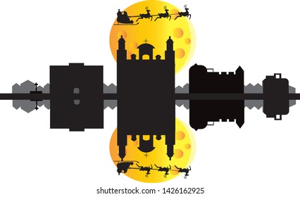 Santa Claus flying over city skyline of Las Palmas de Gran Canaria in Spain