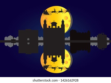 Santa Claus flying over city skyline of Las Palmas de Gran Canaria in Spain
