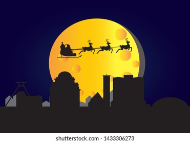 santa claus flying over essen city skyline in germany