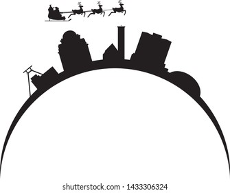 santa claus flying over essen city skyline in germany