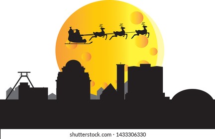 santa claus flying over essen city skyline in germany