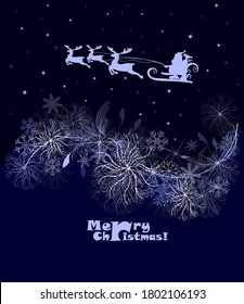 Santa Claus is flying over the forest. Merry Christmas. Vector illustration