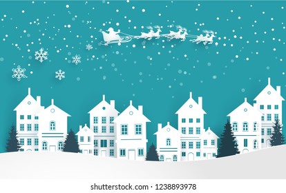 Santa Claus flying over the house. paper cut design