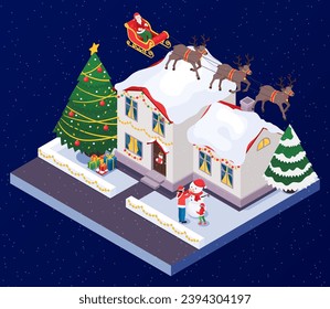 Santa Claus flying over a house isometric illustration