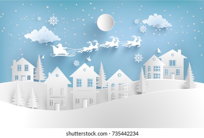 Santa Claus flying over the house. paper cut design