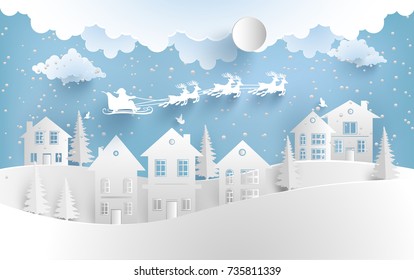 Santa Claus flying over the house. paper cut design