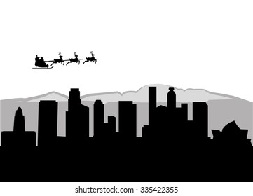 Santa Claus flying over Los Angeles City