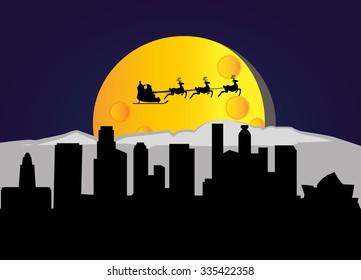 Santa Claus flying over Los Angeles City