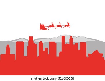 Santa Claus flying over Los Angeles City