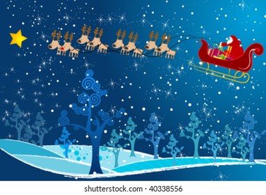 Santa Claus flying over a nighttime forest