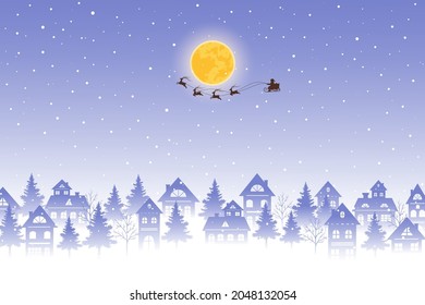 Santa Claus flying over rooftops with reindeers on winter night background,vector illustration