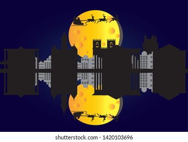 Santa Claus flying over skyline of Wilmington city in Usa