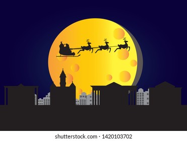 Santa Claus flying over skyline of Wilmington city in Usa