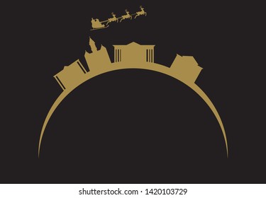 Santa Claus flying over skyline of Wilmington city in Usa