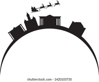 Santa Claus flying over skyline of Wilmington city in Usa