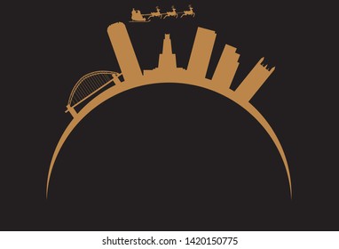 Santa Claus flying over skyline of Pittsburgh city in Pennsylvania United States