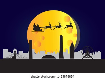 santa claus flying over skyline of Tianjin city in china