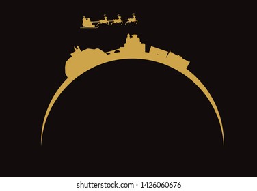 Santa Claus flying over skyline of city of Murcia in Spain