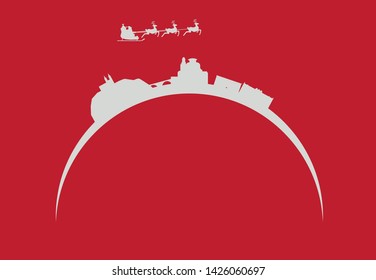 Santa Claus flying over skyline of city of Murcia in Spain