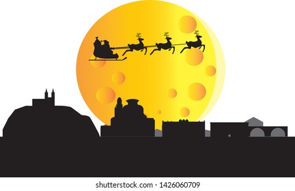 Santa Claus flying over skyline of city of Murcia in Spain