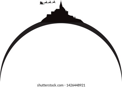 Santa Claus flying over skyline of Abbey of Mont Saint-Michel in France