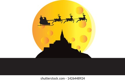 Santa Claus flying over skyline of Abbey of Mont Saint-Michel in France