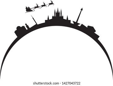 Santa Claus flying over skyline of city of Jakarta in Indonesia