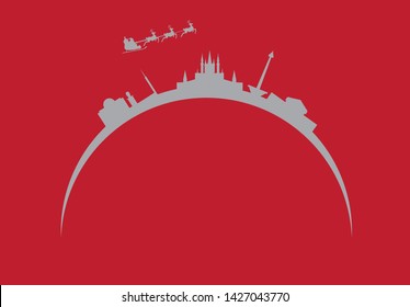 Santa Claus flying over skyline of city of Jakarta in Indonesia
