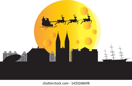 santa claus flying over skyline of bremen city in germany
