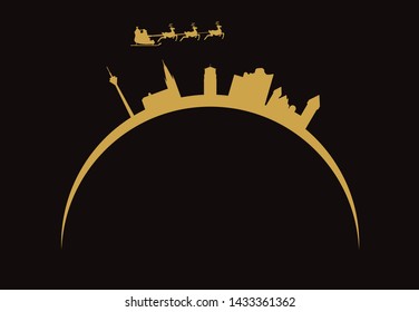 santa claus flying over skyline of dusseldorf city in germany