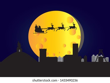 Santa Claus flying over Skyline of Bochum city in Germany