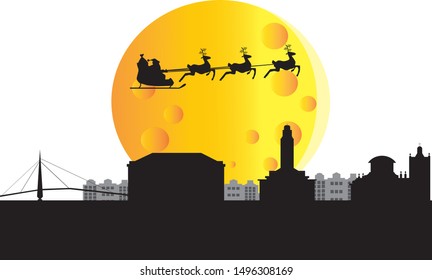 santa claus flying over skyline of havre city in france