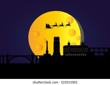 Santa claus flying over skyline of teruel in spain