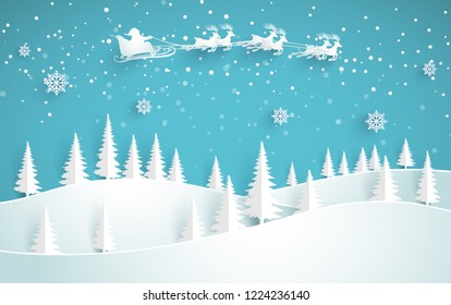 Santa Claus flying over the snowy hill. paper cut design
