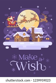 Santa Claus flying over the snowy night winter village landscape in a sleigh drawn by three reindeer. Christmas flat illustration greeting card