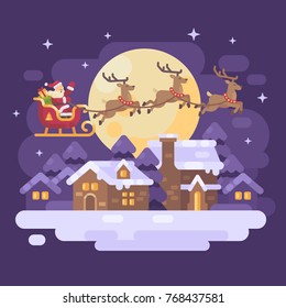 Santa Claus flying over the snowy night winter village landscape in a sleigh drawn by three reindeer. Christmas flat illustration