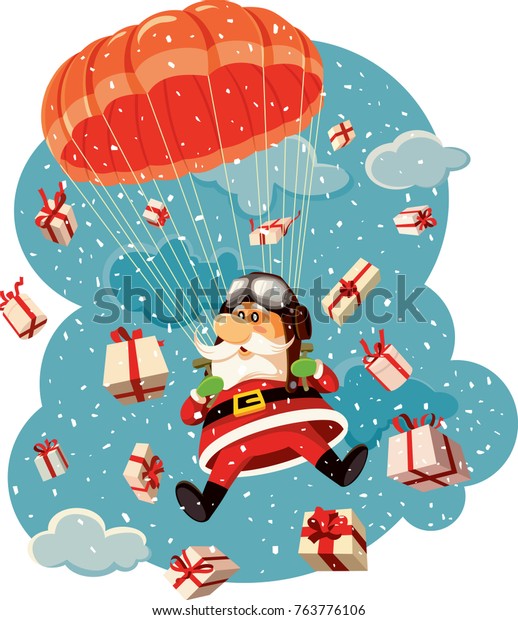 贈り物に囲まれたパラシュートでサンタクロースが飛ぶベクターイラスト 空中に多くのクリスマスプレゼントを持ち込むパラシュート サンタ のベクター画像素材 ロイヤリティフリー