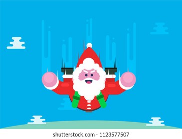 Santa Claus Flying with Parachute Vector Illustration - Parachutist Santa in the air 