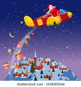 Santa Claus flying plane flies delivering gifts in space above the Earth. Illustration vector isolated cartoon style poster banner template