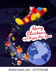 Santa Claus flying plane flies delivering gifts in space above the Earth. Illustration vector isolated cartoon style poster banner template