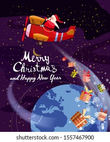 Santa Claus flying plane retro flies delivering gifts in space above the Earth. Illustration vector isolated cartoon style poster banner template