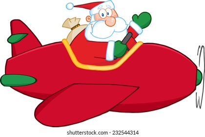 Santa Claus Flying A Plane And Waving. Vector Illustration Isolated On White Background