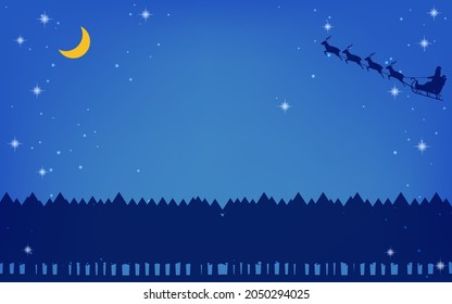Santa Claus Flying In Reindeer Sleigh Through Starry Night Sky Background