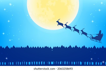 Santa Claus flying in reindeer sleigh, full moon and fir tree silhouette background