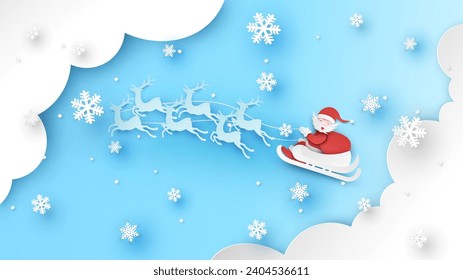 Santa Claus flying reindeer sleigh on the sky in Christmas. Merry Christmas, Happy new year. paper cut and craft style. vector, illustration.