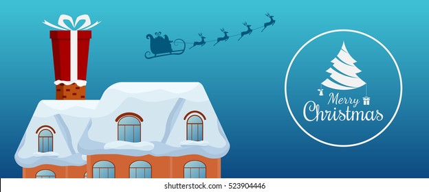 Santa claus flying with reindeer sleigh and big gift box on chimney at the roof. Merry christmas and Happy new year. Cartoon Vector Illustration.