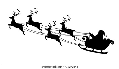 Santa Claus flying with reindeer sleigh. Black Silhouette. Symbol of Christmas and New Year isolated on white background. Vector illustration. Cartoon style